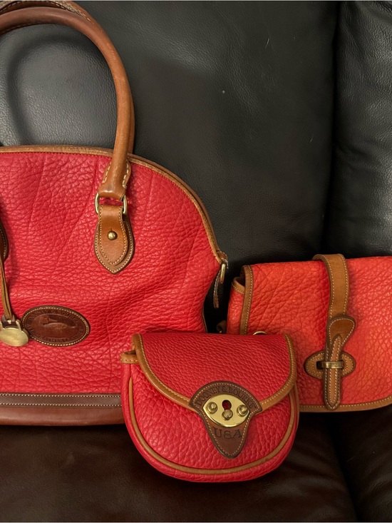 Dooney & Bourke Handbags - Dooney & Bourke Red Pebbled Leather Satchel Trio with Tan Trim
